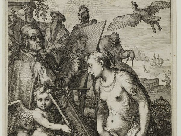 Kupferstich: Umgeben von Vertretern der auf analytisches Sehen gründenden Naturwissenschaften portraitiert ein älterer Maler die fast unbekleidete Liebesgöttin Venus
