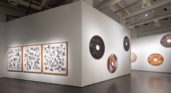 Blick in die Ausstellung, Ulrich Eller, Dreifacher Klangraum, 2024 und Speakerpaintings, 2020 , © Marek Kruszewski Blick in die Ausstellung, Ulrich Eller, Dreifacher Klangraum, 2024 und Speakerpaintings, 2020 , © Marek Kruszewski