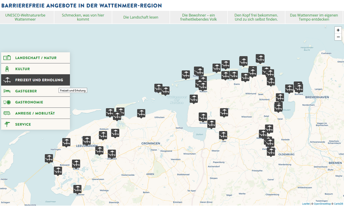 Auszug aus der barrierefreien Übersichtskarte unter www.wattenmeer-barrierefrei.de, © Ostfriesland Tourismus GmbH