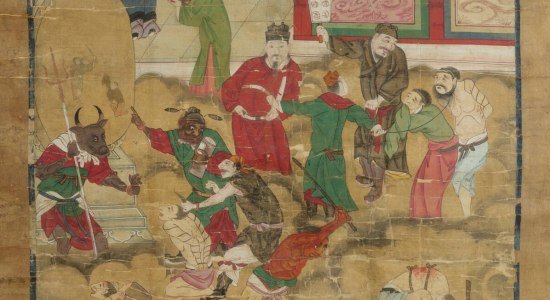 Fünftes Höllengericht aus der Serie der 10 Höllenkönige, Rollbild, © Landesmuseum Hannover Fünftes Höllengericht aus der Serie der 10 Höllenkönige, Rollbild, © Landesmuseum Hannover
