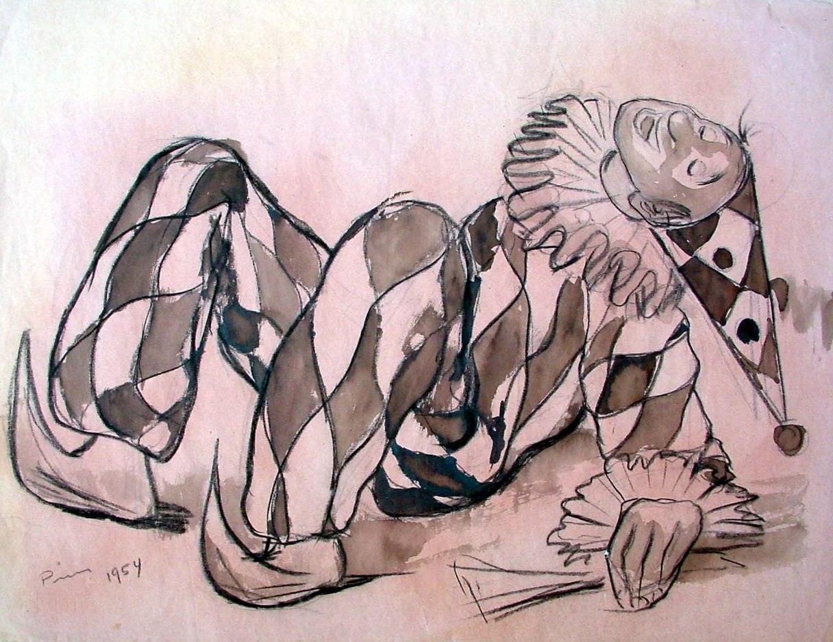 Jacob Pins, „Liegender Harlekin“, 1954, Tusche auf Papier, © Johannes Werzmirzowksy 