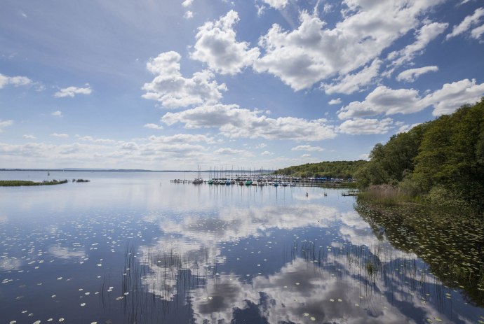 Blick aufs Steinhuder Meer, rechts Segelboote am Liegeplatz, © Naturpark Steinhuder Meer, Region Hannover/ Claus Kirsch