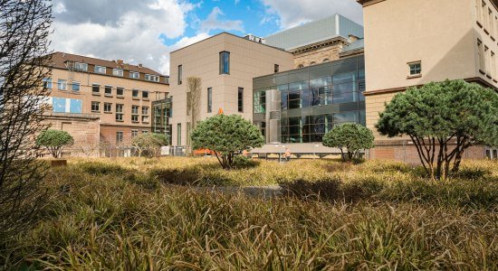 Rückansicht des sanierten Gebäudes mit neuem Anbau und Atrium, © Martin Liebetruth