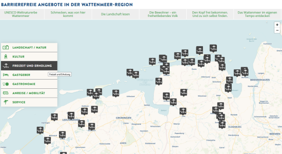 Auszug aus der barrierefreien Übersichtskarte unter www.wattenmeer-barrierefrei.de, © Ostfriesland Tourismus GmbH Auszug aus der barrierefreien Übersichtskarte unter www.wattenmeer-barrierefrei.de, © Ostfriesland Tourismus GmbH